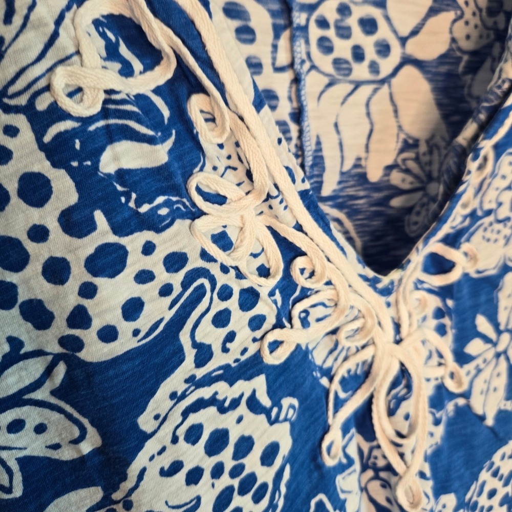 Lilly Pulitzer Blue White Floral Sea Creature Cotton V-Neck Tassel Dress M READ - Picture 2 of 8